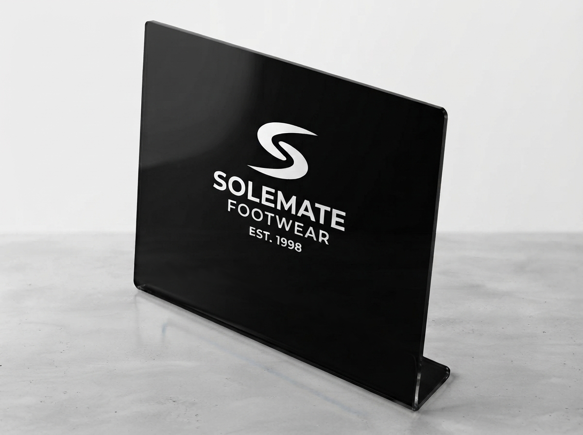 display da vetrina in plexiglass nero lucido con stampa logo